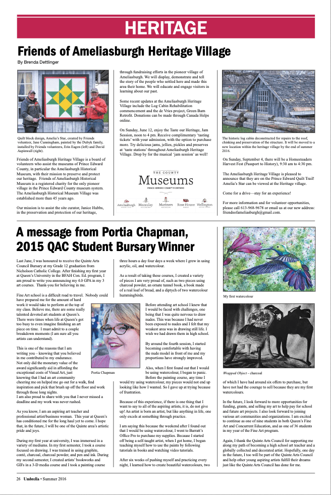 Portia Po Chapman Artist Winner Q A C Student Bursary Art Award 2016 Quinte Arts Council Umbrella Article Belleville Ontario Canada