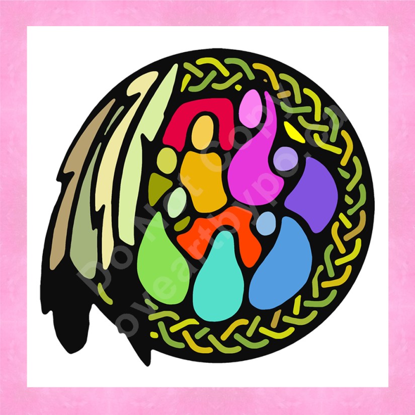 Queen's University Truth Image Web Icon by Kingston Artist Portia Po Chapman Featuring an Indigenous Clan Mother Sharing Stories of Truth Around a Sacred Fire. Around the Circular Outside Edge is a Sweetgrass Braid and Two Bald Eagle Feathers
