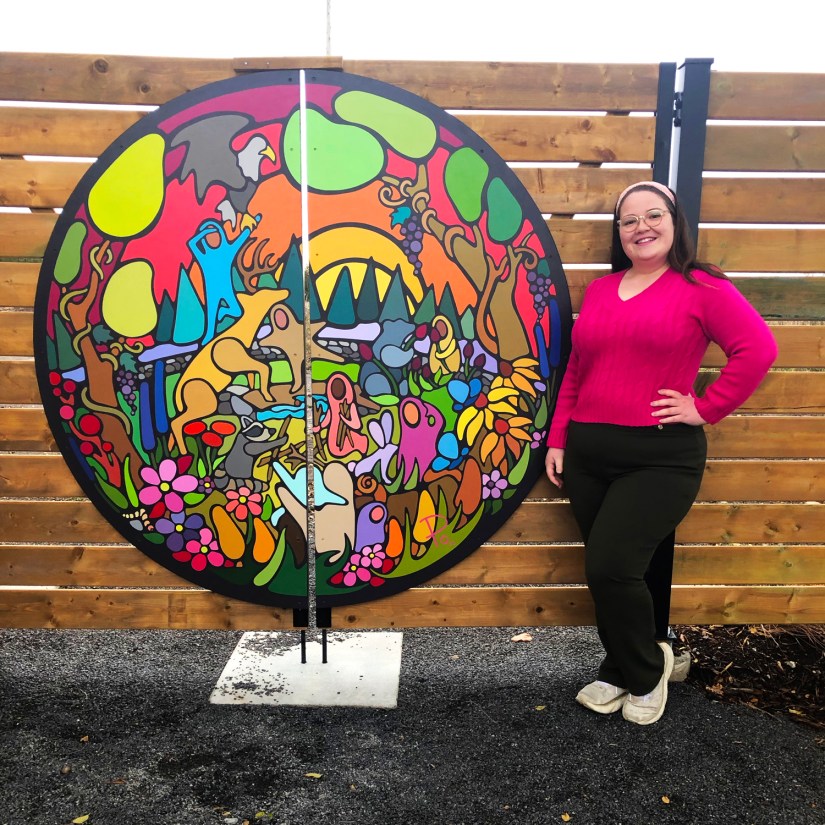 Custom mural for Base31 by Kingston artist Portia Po Chapman. The circular mural features vivid colour blocking and freehand brush-painted line work.