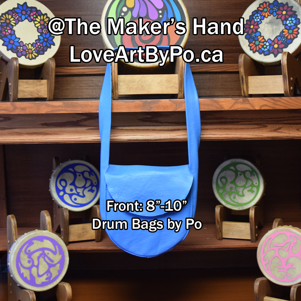 Portia Po Chapman created blue leather drum bag front.  To be sold at The Maker's Hand in Wellington on November 8-10, 2024.