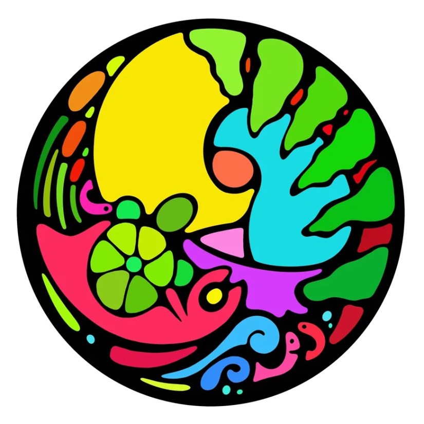 Kingston Indigenous Contemporary Artist Portia Po Chapman's Circular Digital Illustration, "Place Based Learning."  This is one of the published website icons that she created for Queen's University Faculty Education website. In this vibrant, colour blocked image an Indigenous child, in a canoe, is listening to a turtle share its wisdom