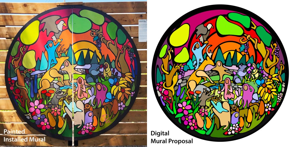 Comparison of proposed mural design and completed installation by Kingston Artist Po. The mural features freehand colour blocking,  storytelling style and crisp line work.