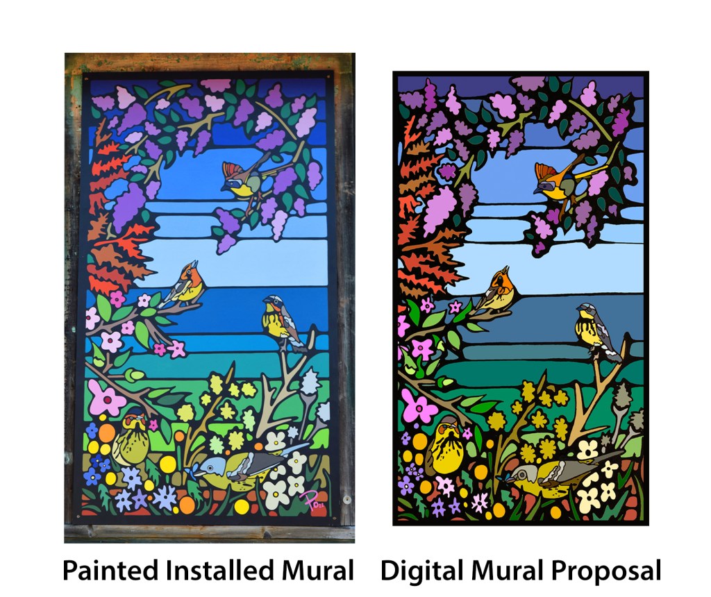 Comparison of proposed mural design and completed installation by Kingston Artist Po. The mural features freehand colour blocking,  storytelling style and crisp line work.