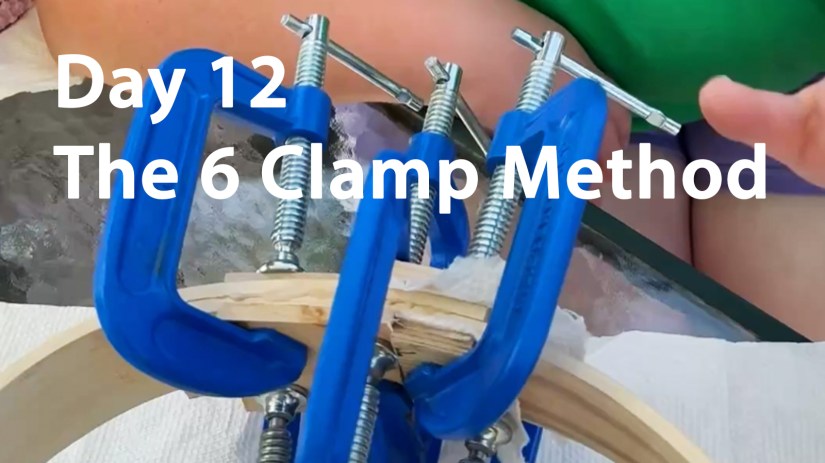 Close-up of several blue C-clamps tightly securing a glued joint on a wooden drum frame using the 6-clamp method, Day 12 tutorial by Portia Po Chapman.