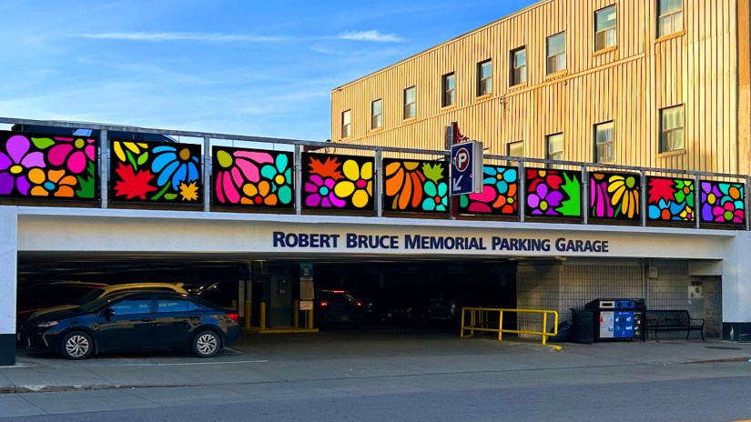 Large colourful mural design by Kingston artist Portia ‘Po’ Chapman created as a shortlisted proposal for the Robert Bruce Memorial Parking Garage, featuring bold contemporary floral shapes in bright modern colours.