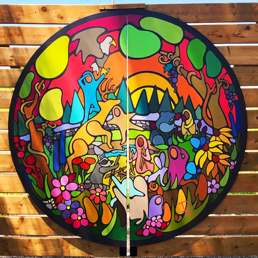 ‘Exploring the Senses’ mural by Kingston artist Portia ‘Po’ Chapman installed at Base31’s Sensory Garden in Picton, featuring animals, children, and nature elements guiding visitors through interactive sensory stations.