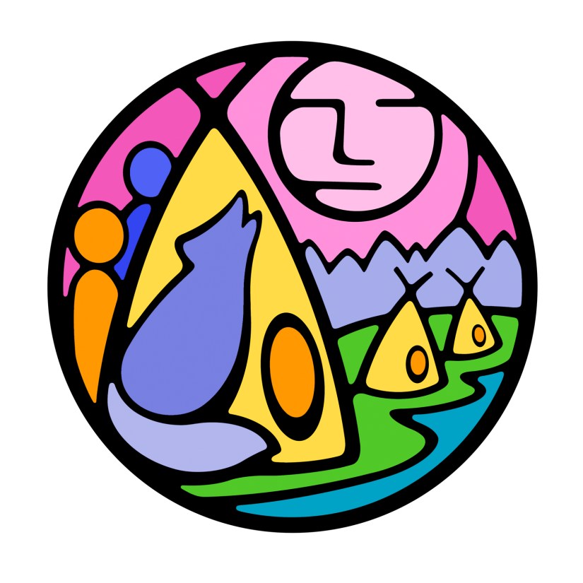 A circular Storytelling Art narrative logo by Kingston Artist Portia “Po” Chapman, featuring a howling wolf, mountain ranges, and community motifs in vibrant pink, yellow, and blue hues.