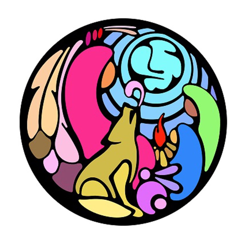 A vibrant Storytelling Art digital illustration entitled "Elder in Residence" by Kingston Artist Portia “Po” Chapman, featuring a howling wolf and celestial motifs, created for the Queen’s University Faculty of Education.