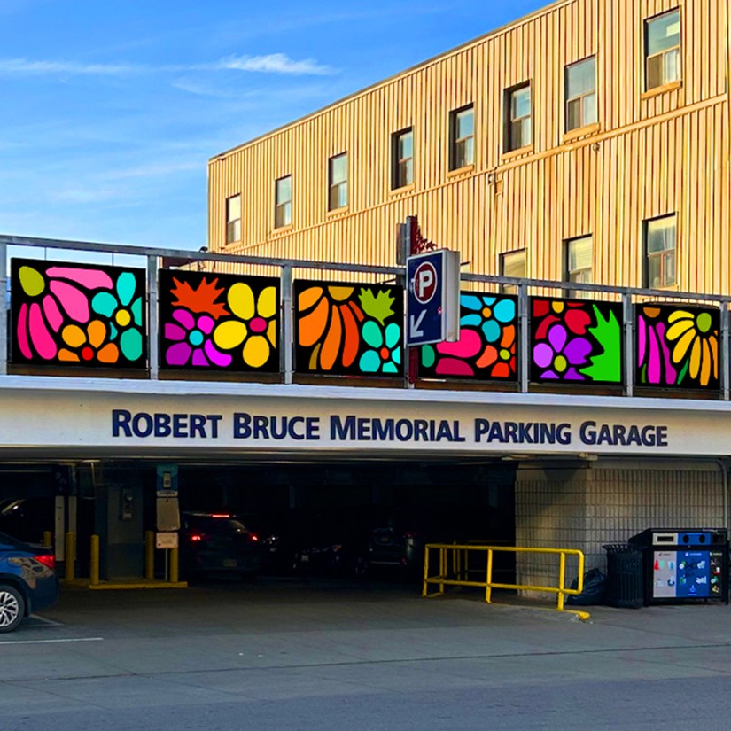 A professional digital mock-up by Kingston Artist Portia “Po” Chapman for the Robert Bruce Memorial Parking Garage, featuring a series of ten vibrant flower panels designed for high-impact urban placemaking.