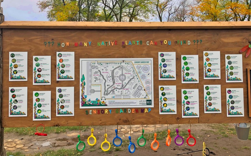 A large plywood billboard at the Base31 Sensory Garden featuring a central map and plant identification guides, all unified by Kingston Artist Illustrator Portia "Po" Chapman’s custom floral border illustrations.