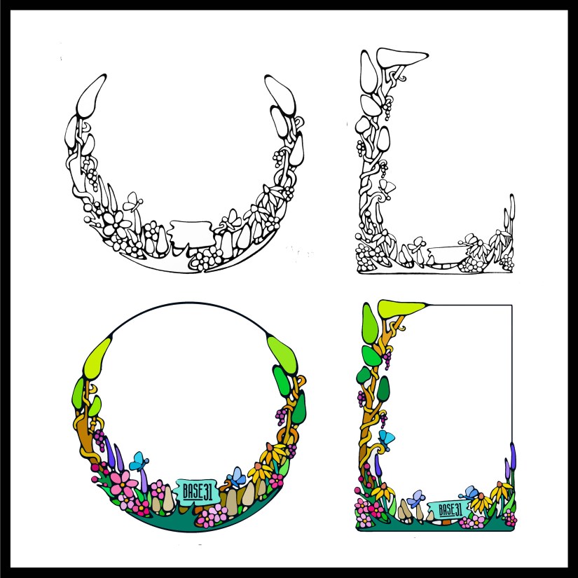 A collection of four images showing rough pen-and-ink sketches alongside digitally colored versions of floral border art for the Sensory Garden project.