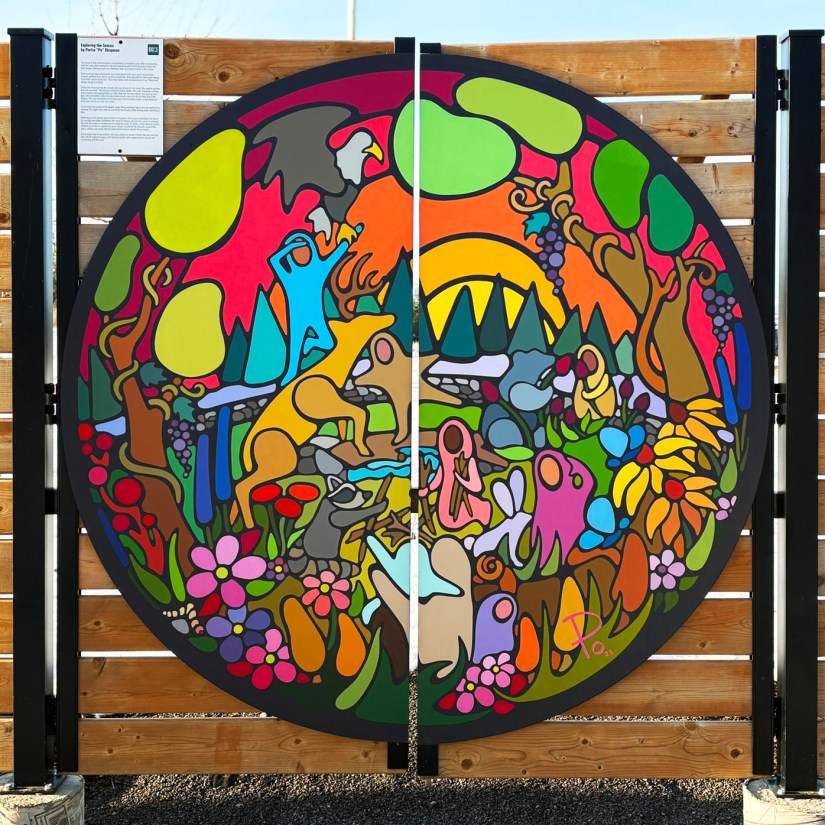 Kingston Artist Portia “Po” Chapman’s 5'6" circular Storytelling Art mural "Exploring the Senses," serving as a visual map and storytelling prompt for the Base31 Sensory Garden installation.