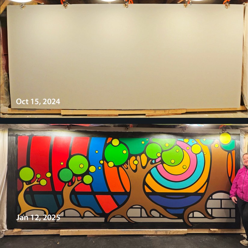 A split-screen process photo showing a 14' x 6' mural on a custom structural easel in October 2024 (top) and the nearly completed painting in January 2025 (bottom).