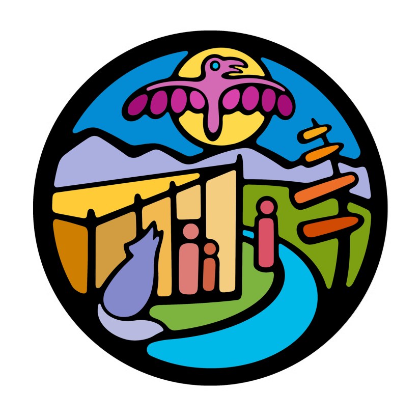 A circular Storytelling Art narrative logo by Kingston Artist Portia “Po” Chapman, featuring a pink raven with a golden moon halo, lavender mountains, and community figures.