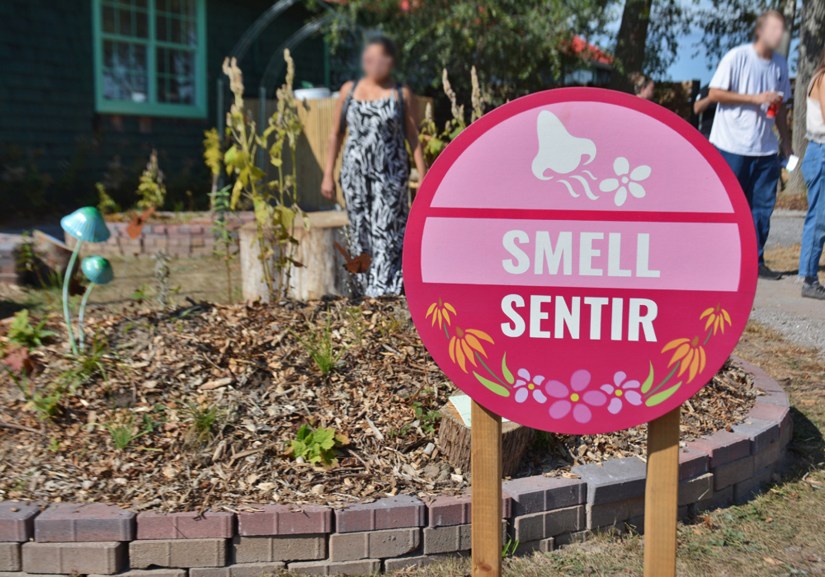 Sensory Garden sign, "Smell," created and painted by Kingston art installation artist Portia "Po" Chapman as part of the 3 component art installation for Base 31.