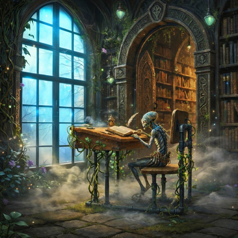 A fantastical researcher with an otherworldly appearance sits at Portia "Po" Chapman's "Desk" sculpture inside a sprawling, vine-covered library known as the Great Hall of Knowledge.