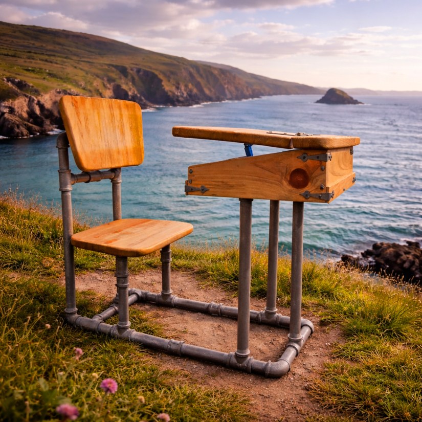 A high-resolution AI-generated digital installation of Portia "Po" Chapman’s physical "Desk" sculpture, appearing on a grassy cliff overlooking a vast blue ocean and distant islands.