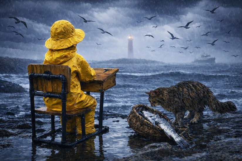 A child in a yellow raincoat sits at the Desk sculpture by Kingston artist Portia Po Chapman, watching a stormy seaside with a lighthouse and a cat with a fish basket.