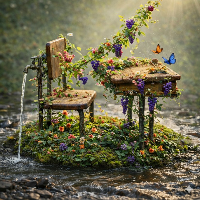 An AI-generated realization of Portia "Po" Chapman's original concept for the "Desk" sculpture, featuring a wooden desk and chair in a stream, overgrown with lush vines, purple grapes, flowers, and butterflies, with water flowing from a tap on the chair.