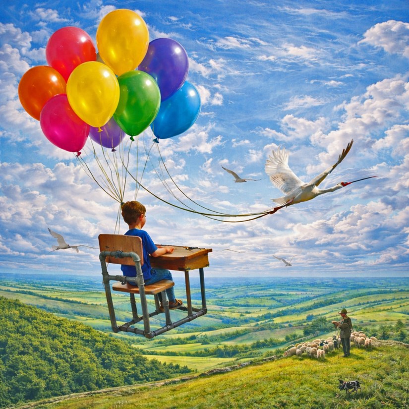 A Kingston Artist Portia Po Chapman illustration for a children's book featuring a child sitting at the "Desk" sculpture, flying over a green valley with sheep using a cluster of colorful balloons, accompanied by a large white bird.