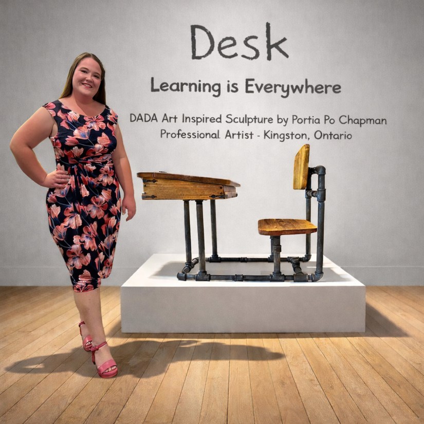 Professional Kingston artist Portia Po Chapman stands beside a DADA-inspired sculpture of a vintage wooden school desk with industrial pipe legs, displayed on a white pedestal in a gallery setting.