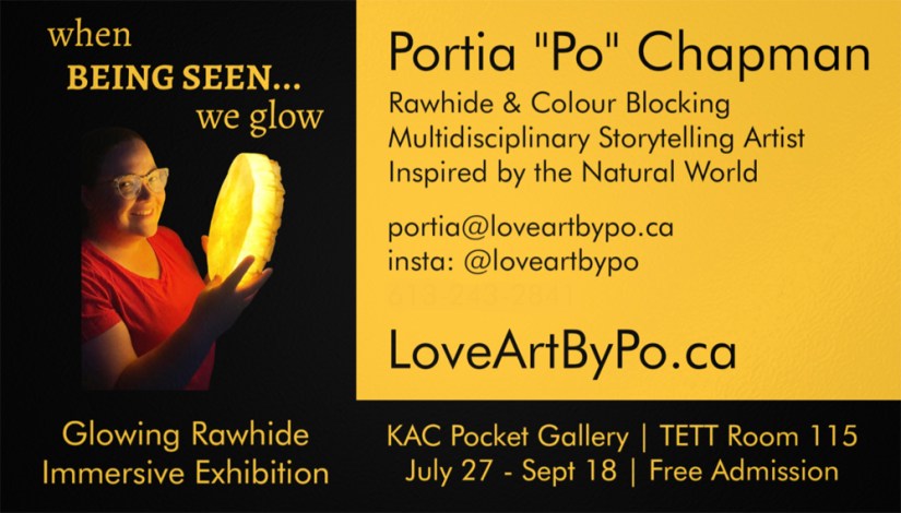 Custom exhibition business card for Kingston artist Portia Po Chapman featuring artist contact details, website link, and the glowing rawhide drum artwork theme.