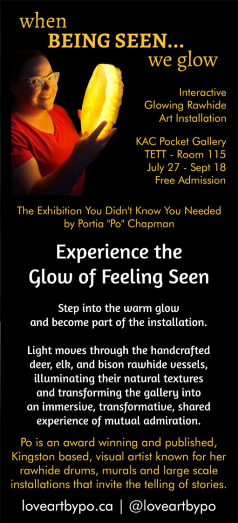 Vertical exhibition rack card for Being Seen by Kingston artist Portia Po Chapman featuring event details, exhibition copy, and the artist holding an illuminated rawhide drum.