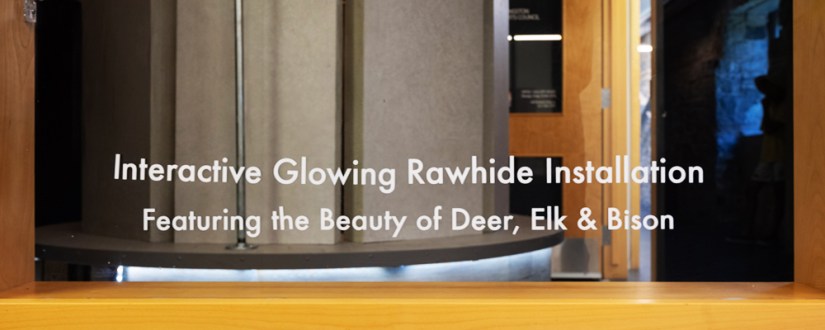 Close-up view of the bottom center gallery window decal at the Tett Centre reading "Interactive Glowing Rawhide Installation Featuring the Beauty of Deer, Elk & Bison" by Kingston artist Portia Po Chapman, with the base of the Glow Chamber visible in the background.